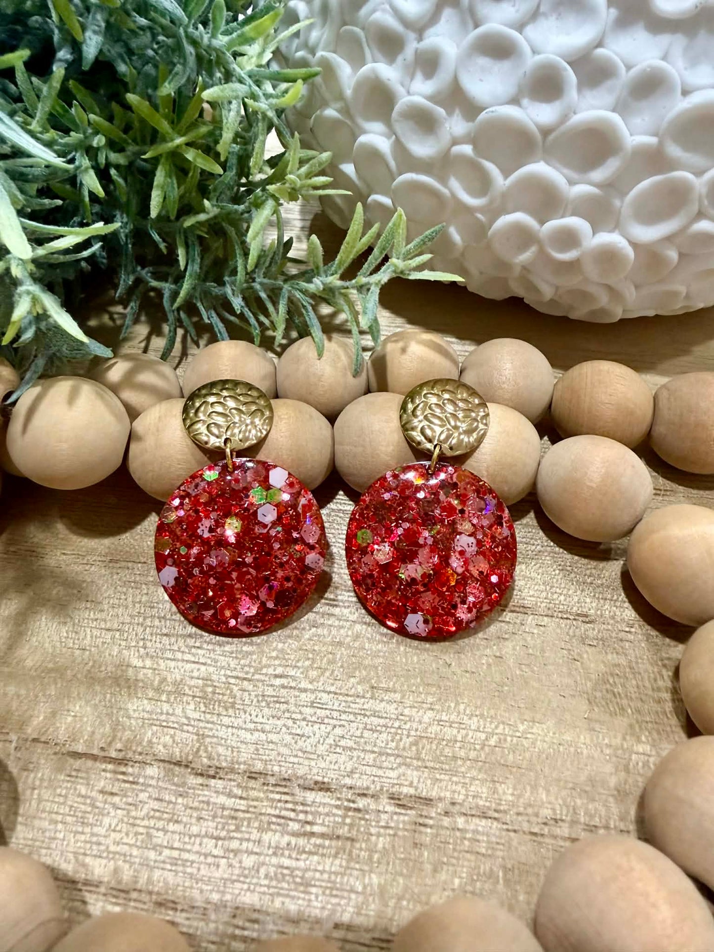 Crimson Sparkle Disc Earrings