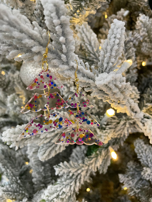 3 Tier Christmas Tree Earrings - Pink Confetti