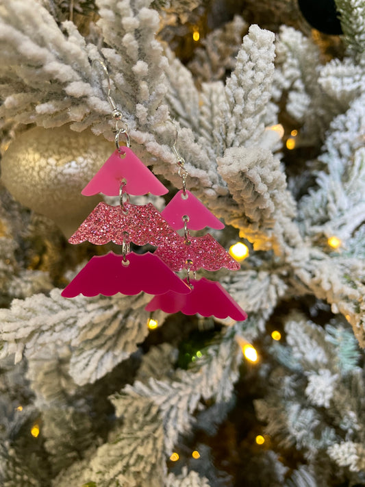 3 Tier Christmas Tree Earrings - Pink Gradient with Sparkles